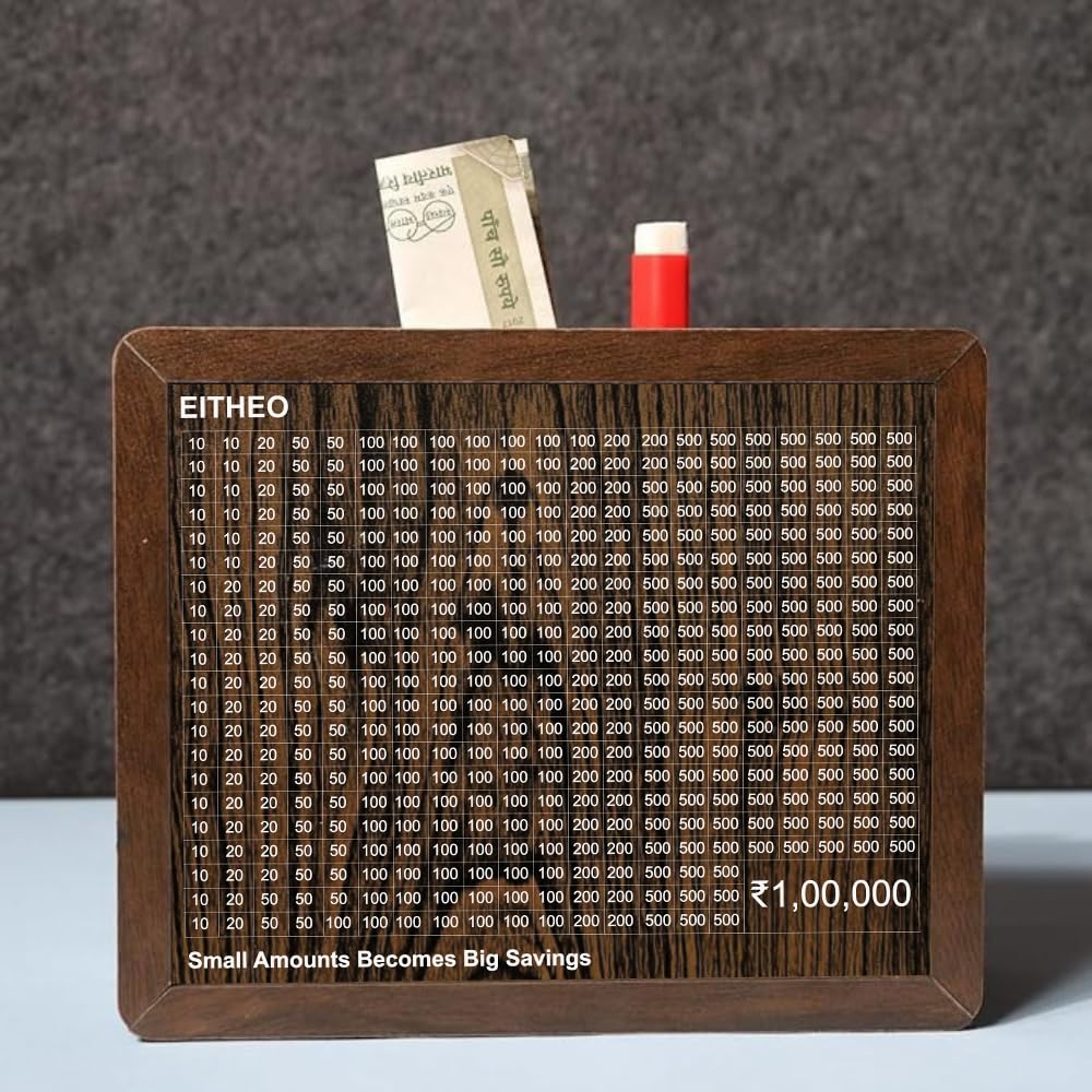 Wooden Piggy Bank – ₹1 Lakh Savings Box | Money Challenge Box for Kids & Adults