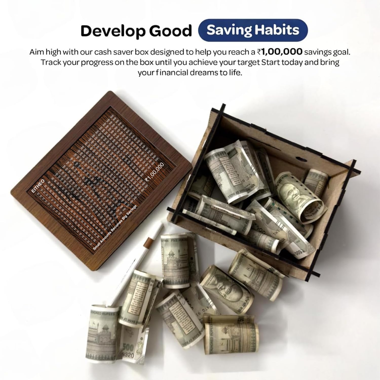 Wooden Piggy Bank – ₹1 Lakh Savings Box | Money Challenge Box for Kids & Adults